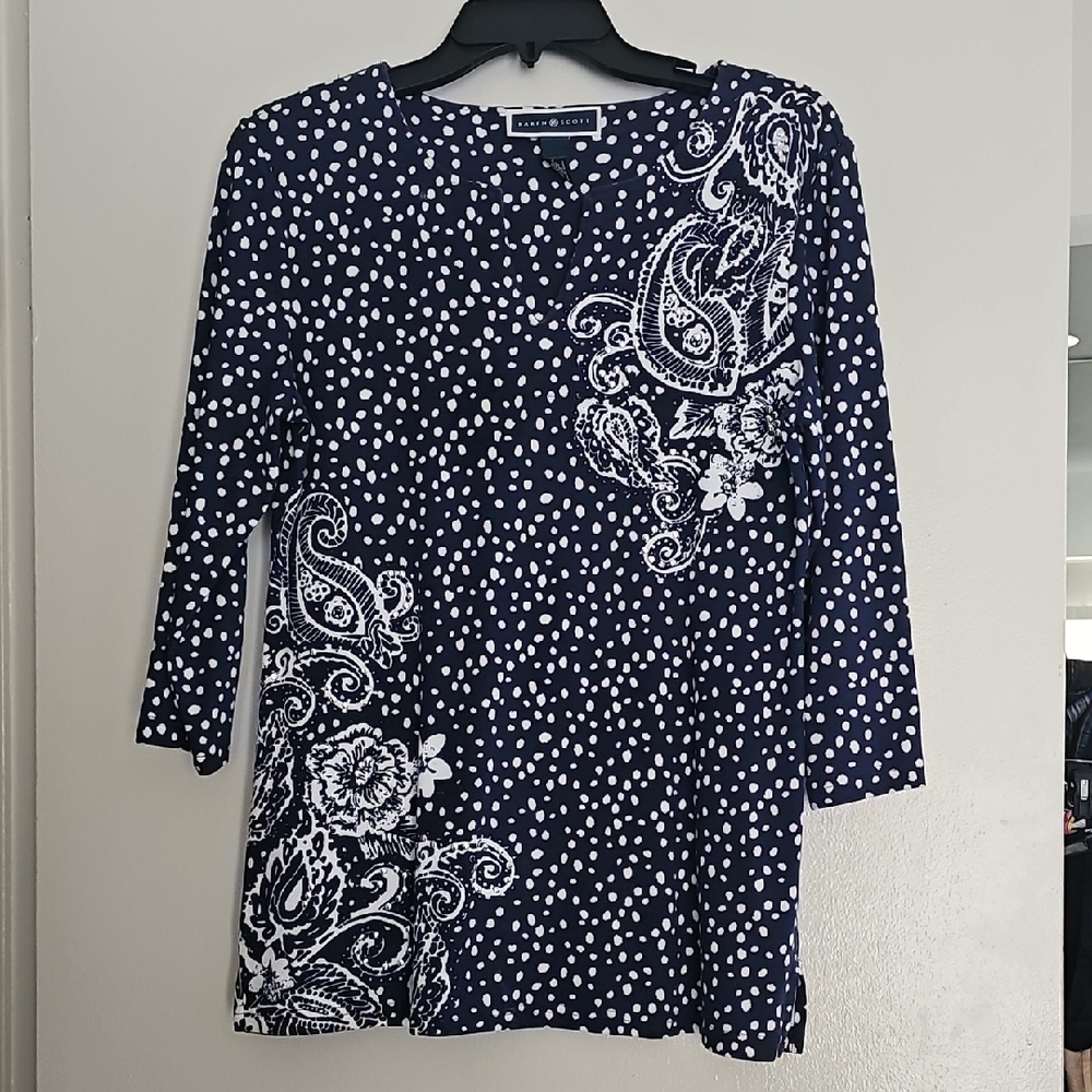 Karen Scott Navy Blue and White Polka Dot, Women's Top Size Medium